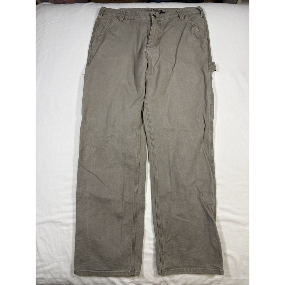 Carhartt Rugged Flex Canvas Work Pants Mens 34x32 Khaki Gray Hammer Loop Utility